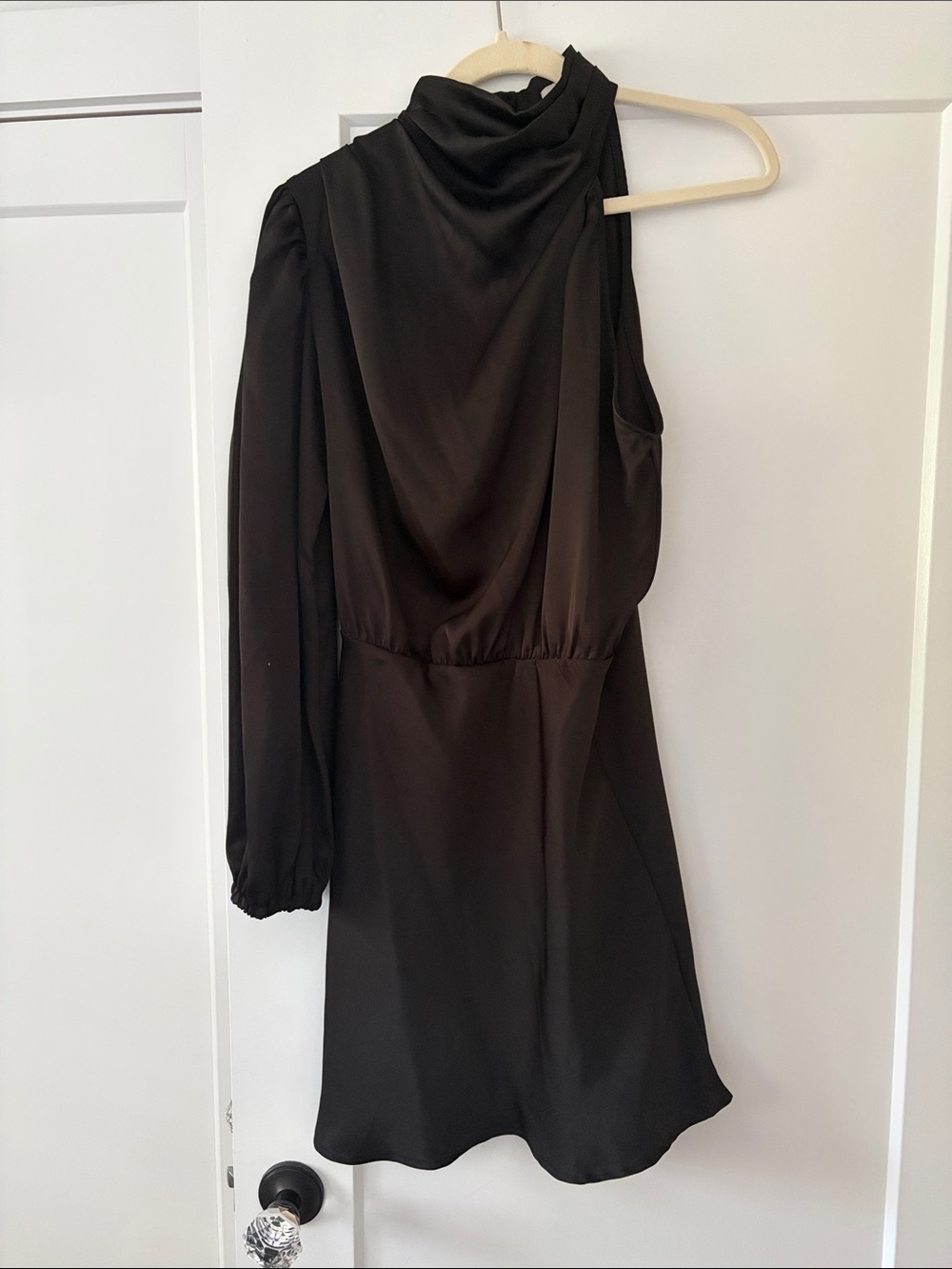 Draped One-Shoulder Black Dress with Long Sleeve